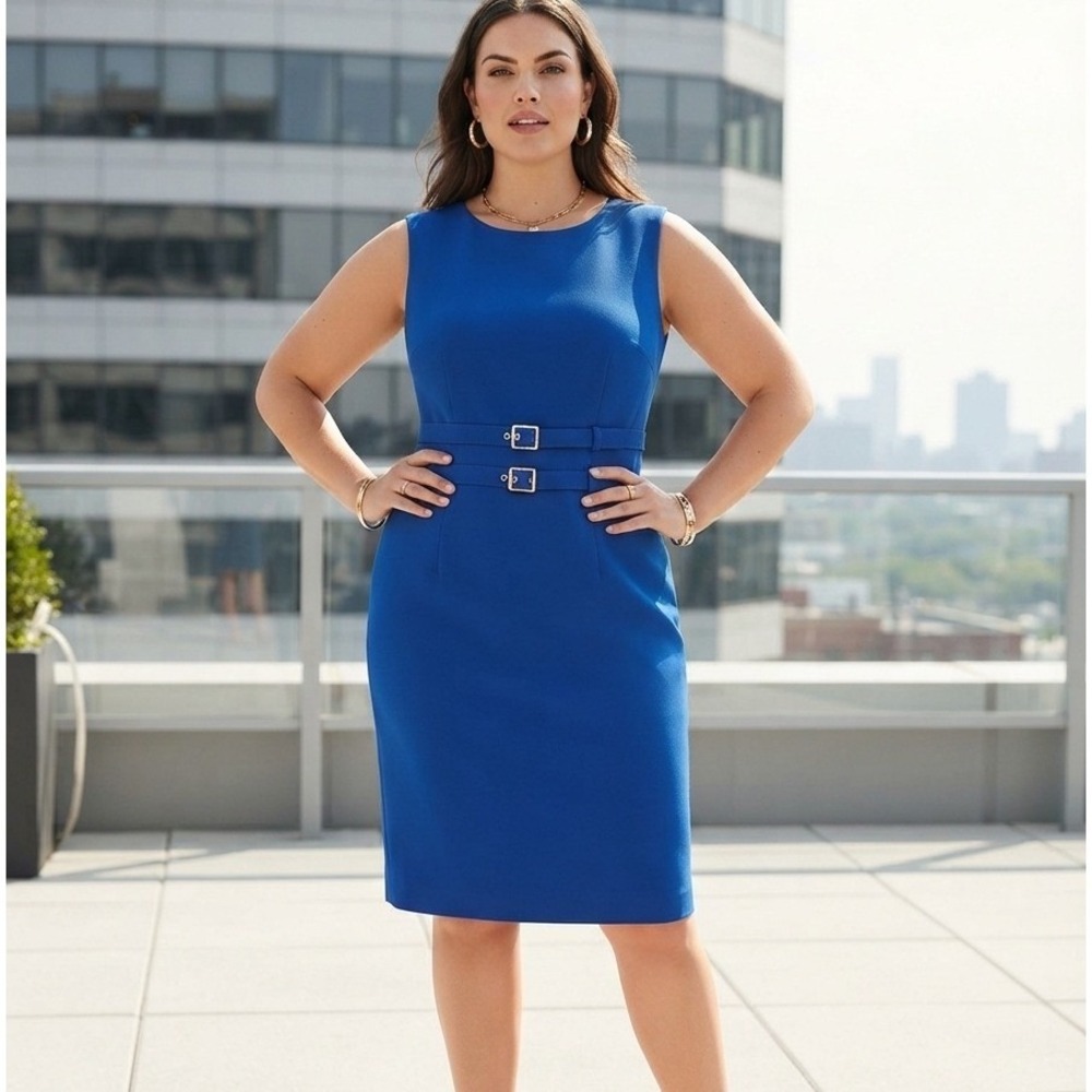 Calvin Klein Sheath Dress Sz 12 Royal Blue Sleeveless Double Buckle Waist Career